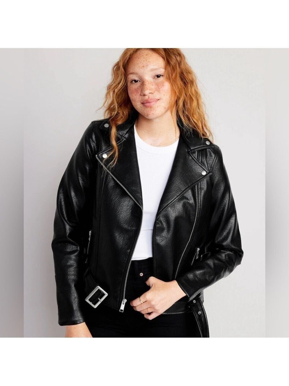 Old Navy Belted Faux Leather Grunge Goth Fall Biker Moto Jacket Coat L